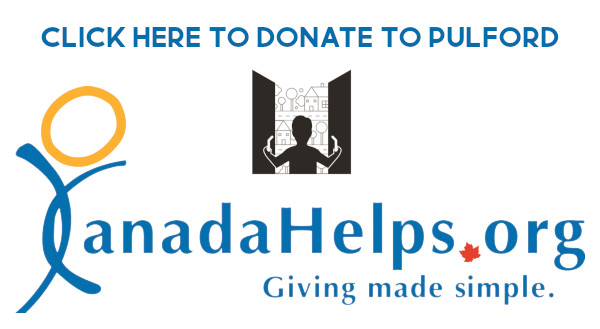 graphic with Pulford and CanadaHelps logos and text saying "click here to donate to Pulford"