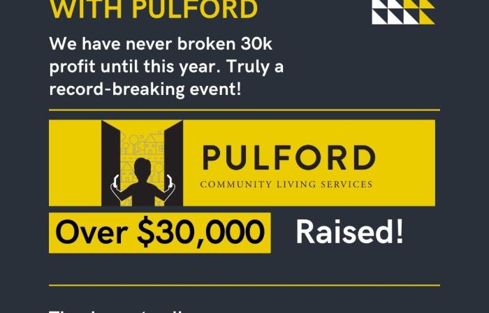 this image shows a graphic saying Pulford raised over $30,000 at their fundraiser