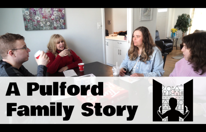 a family sits around a dining table with text "A Pulford Family Story"
