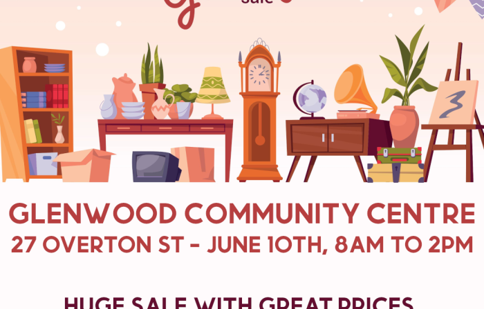 Assorted items with Garage Sale on top, text that says "Glenwood Community Centre, 27 Overton St, June 10th 8am to 2pm, Huge sale with great prices, bbq and candy bags"