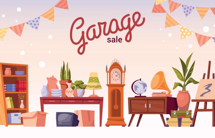 various furniture on the bottom with the words "garage sale" on top